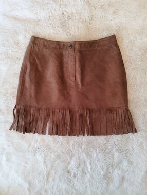 90s Y2k Boho Brown Leather Fringe Mini Skirt - Women